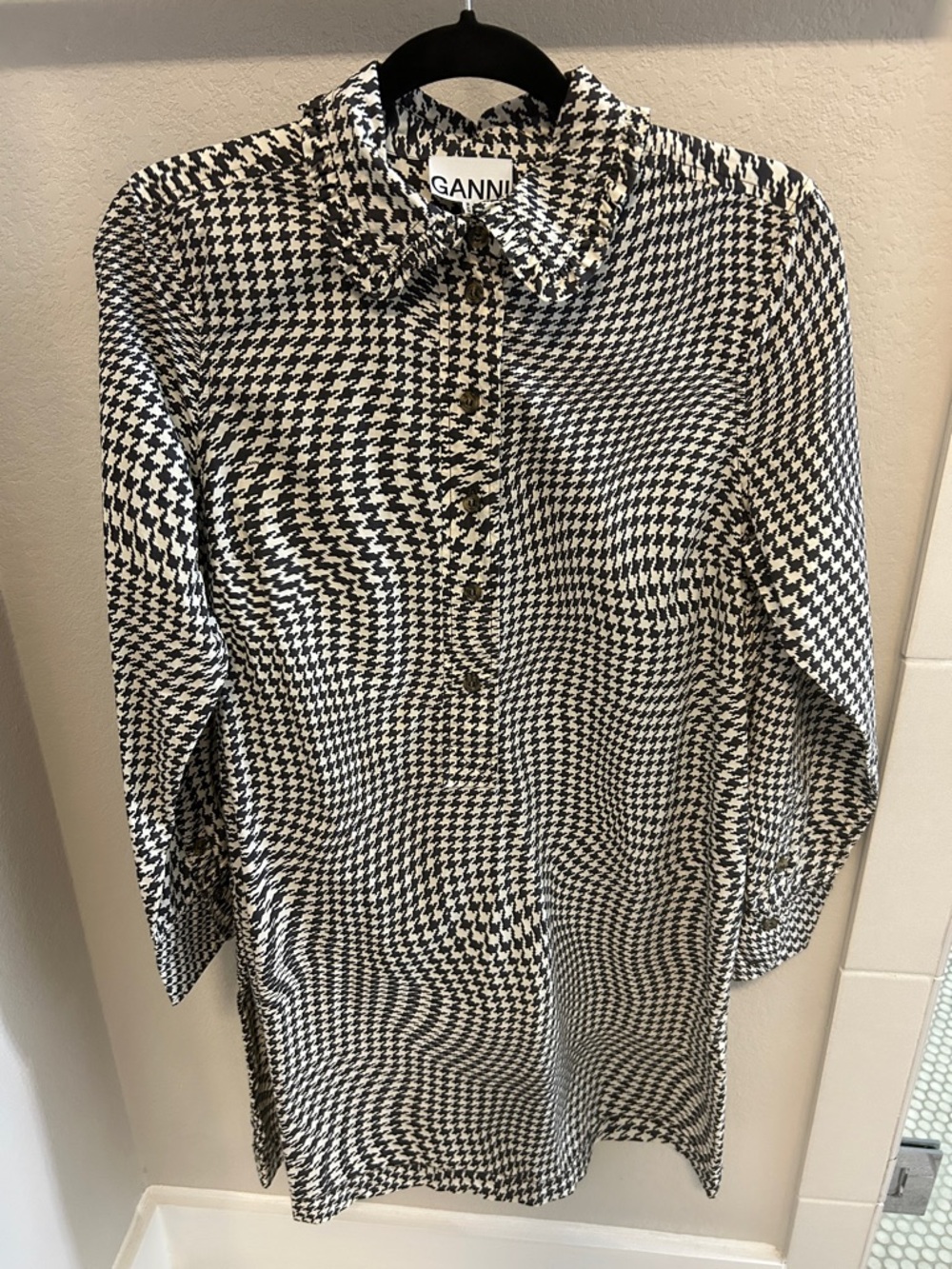 Ganni Black & White Houndstooth Shirt Dress